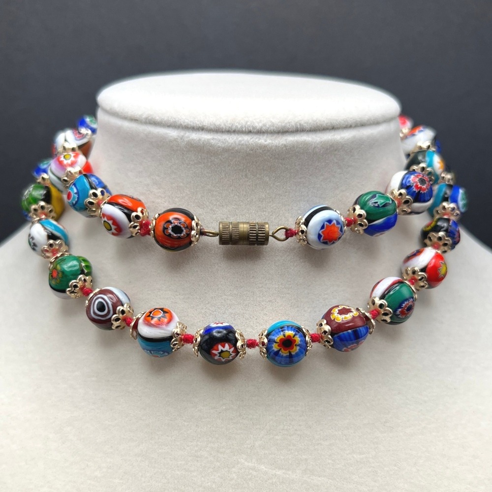 Vintage Venetian Millefiori Glass Beaded Necklace Hand Knotted 24" - Picture 1 of 10